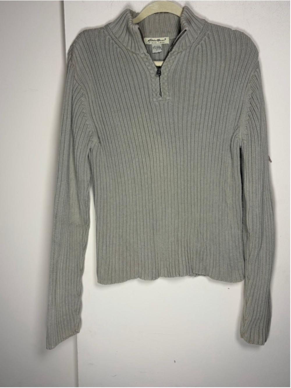 EDDIE BAUER 100% Cotton Gray Ribbed Quarter Zip Sweater Size L
